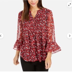 NWT Charter Club Floral-Print Red Bell-Sleeve Top